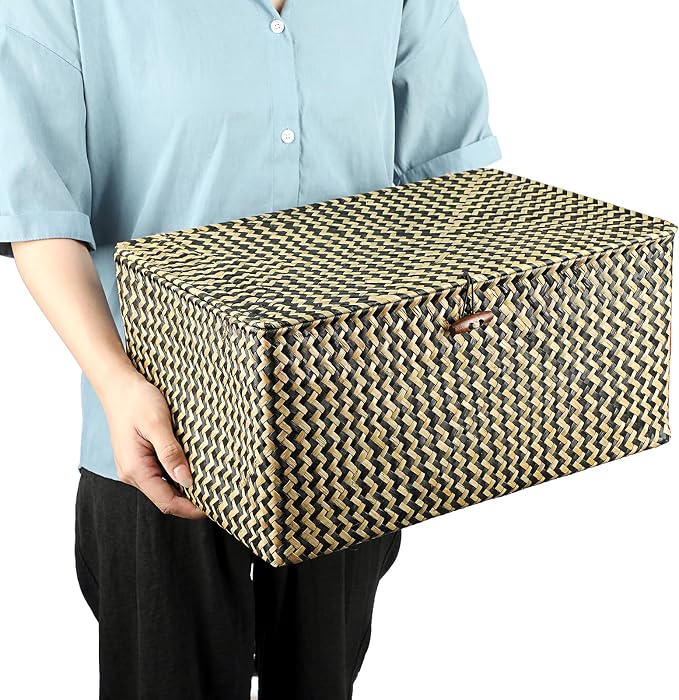 Hipiwe Wicker Shelf Baskets Bin with Lid, Handwoven Seagrass Basket Storage Bins Rectangular Household Basket Boxes for Shelf Wardrobe Home Organizer, Black,X-Large
