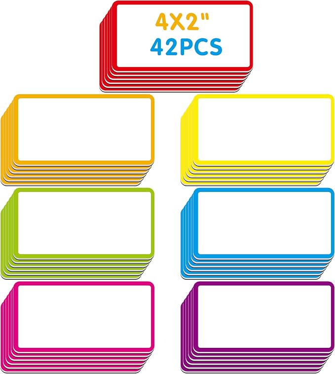 Magnetic Name Tag Labels, 42 PCS Dry Erase Reusable Neon Name Stickers Frame in 7 Colors for Whiteboards Locker Fridge School Office Home (Each Measures 2" x 4")
