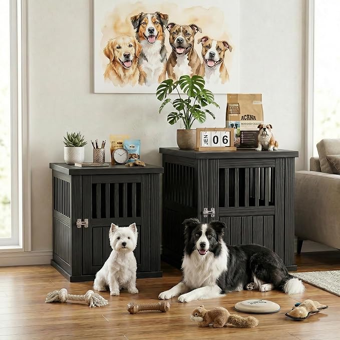 EFU 40 Inch Large Dog Crate Furniture, Indoor Dog Kennel, Puppy Pet House | Resin Pet House End Side Table, Waterproof Puppy Crates Cage for Large Medium Dogs to 70 lb, Black