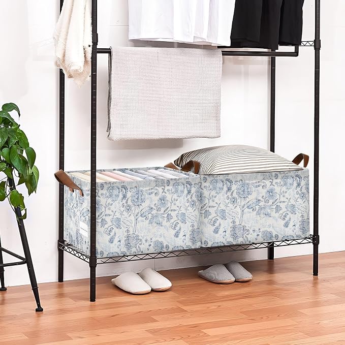 Vintage Blue Floral Rustic Retro Ethnic Storage Bins for Shelves with Labels&Handles Fabric Organizer Bin Foldable Rectangle Storage Basket Boxes for Closet, Bathroom, Home, Living Room, 2 Pack
