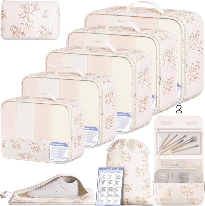 BAGAIL 9 Set Packing Cubes with Packing List Luggage Packing Organizers for Travel Accessories (Pink floral)