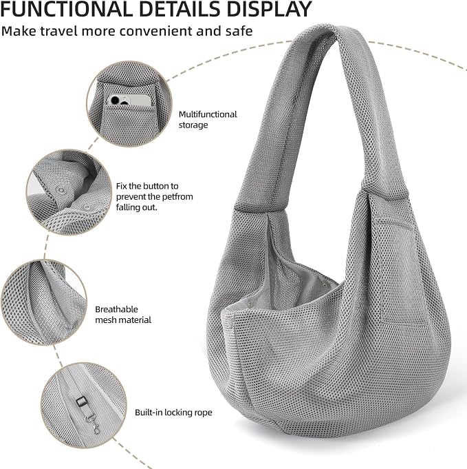 Dog and Cats Carrier Sling, Breathable Puppy Small Pet Carrier with Pocke | Reversible Dog Sling Carrier, Safety Buckle, Storage Pocket, Machine Washable for Travel, Outdoor Activities, Hand-Free, Gray