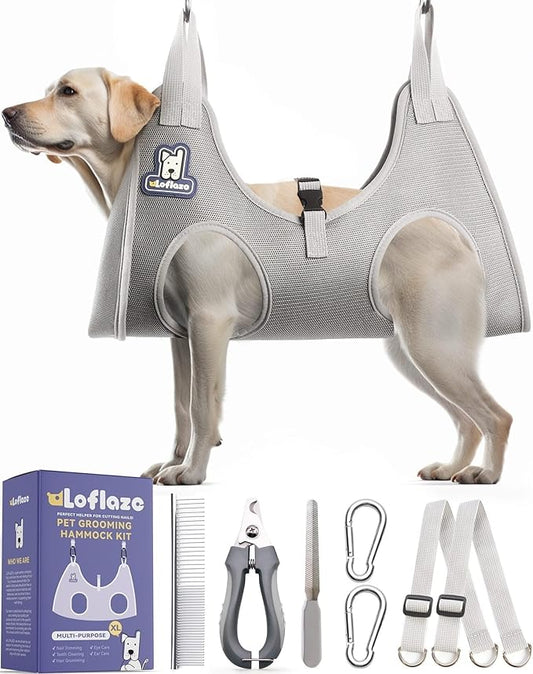 Loflaze Dog Grooming Hammock Harness for Dogs & Cats with Pet Nail Clipper Trimmer - Cat Hanger Sling for Trimming Clipping Nails- Dog Hammock Restraint Bag for Small Medium Large pet （ Grey XL ）