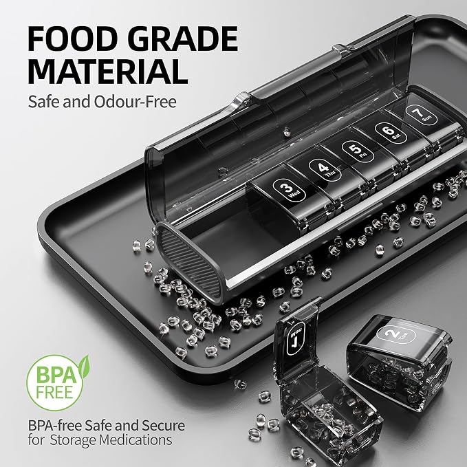 Weekly Pill Organizer,Portable 7 Day Pill Box,Moisture Proof Medicine Pill Organizer,Travel Pill Case with BPA-Free Material,Pocket-Size for Supplements & Vitamins (Black)