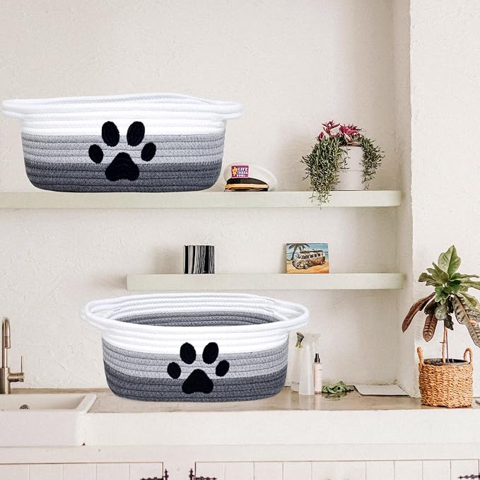 ABenkle Small Woven Basket with Handle, Cute Dog Paw Baskets for Gifts Empty, Decorative Rope Woven Storage Dog Toy Basket, Nursery Baskets for Baby Shower, 12" x 8" x 5"