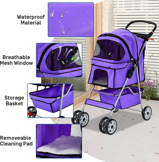 Best 4 Wheels Dog Cat Stroller, Lightweight & Foldable Pet Jogger, Carrier Strolling Cart W/Cup Holders Removable Liner - Purple