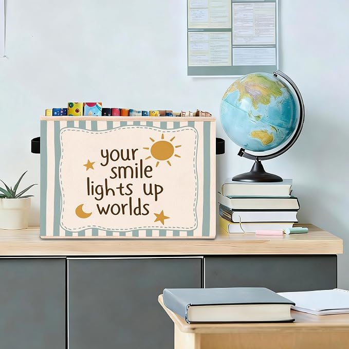 Smile Quote Storage Bin, Foldable Fabric Basket for Kids Room Classroom | Foldable fabric storage bin with smile quote design for toys, books, clothes, nursery, classroom, and playroom use.