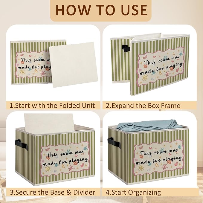 Kids Boy Girl Nursery Playroom Foldable Storage Bins Box with Handles, This Room Is Made for Playing Striped Decorative Storage Boxes Baskets Toybox Organizer for Kids Nursery Room Bedroom