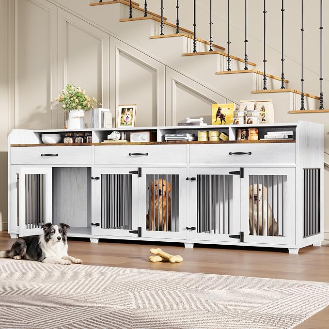 AMERLIFE 95" Dog Crate Furniture with Storage for Medium/Small Dogs | 3-Room Indoor Wooden Dog Kennel, TV Stand & Sideboard with Drawers & Removable Divider, White+Barnwood