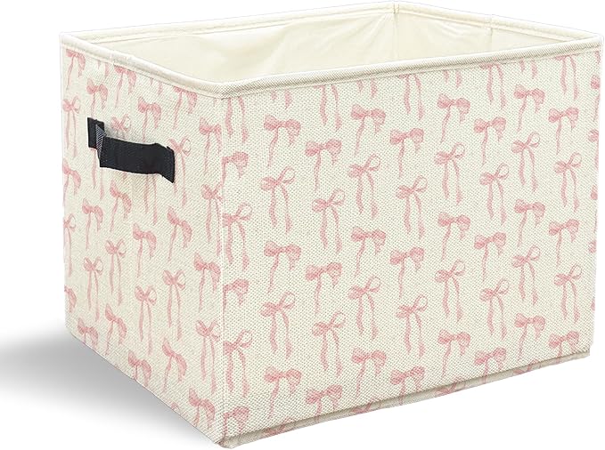 Coquette Pink Bow Storage Bins with Handles, Coquette Room Decor, Preppy Girly Aesthetic Collapsible Laundry Basket Storage Box for Home Bedroom Bathroom Clothes Toys Books