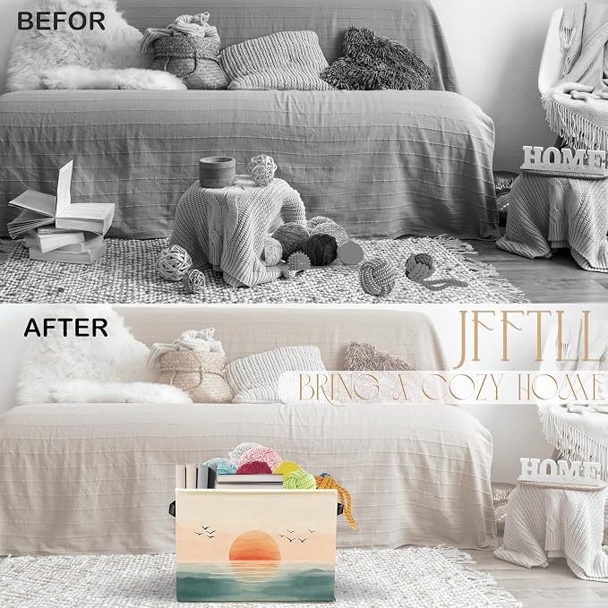Boho Coastal Beach Sunset Storage Bins with Handles, Watercolor Coastal Ocean Landscape Collapsible Laundry Basket Storage Box for Home Bedroom Bathroom Clothes Toys Books