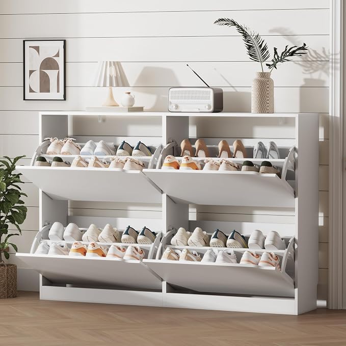 Xixini Shoe Storage Cabinet for Entryway with 4 Flip Drawers, Sturdy Wood Hidden Shoe Storage, Freestanding Narrow Slim Shoe Organizer for Front Door Entrance, Living Room, Hallway, Bedroom, White