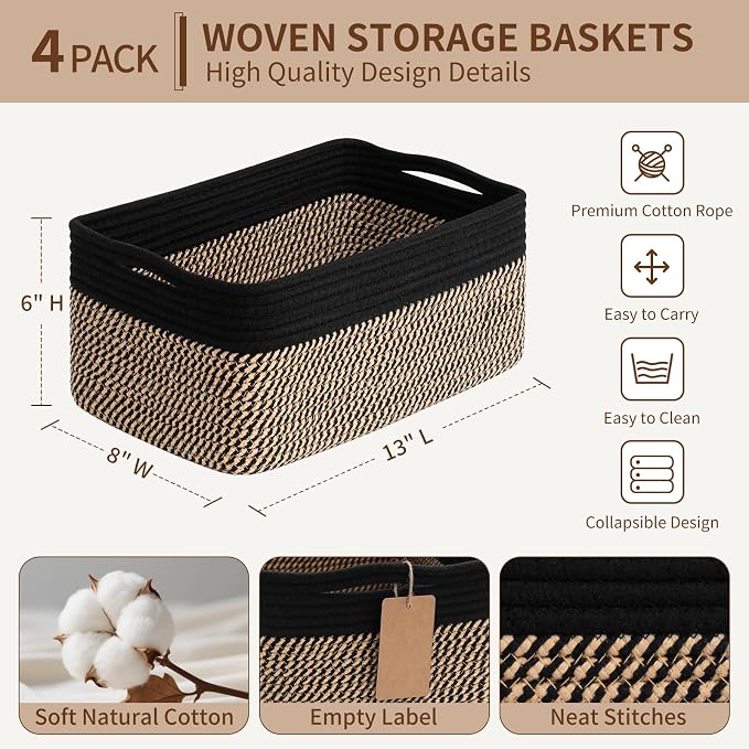 Goodpick 4 Pack Storage Baskets for Organizing Shelves, Black & Jute | 13" x 8" x 6" Woven Rope Baskets for Toys, Books & Magazines, Decorative Gift Basket for Nursery & Home, Rectangle Design