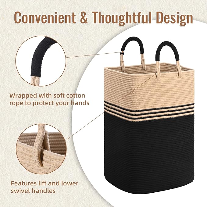 Laundry Basket Hamper,Blanket Storage,Dirty Clothes Hamper with Swivel Handles,Woven Cotton Rope Toy Baskets,Blanket Basket Living Room,Decorative Hampers for Nursery,Bedroom,Brown & Black,80L