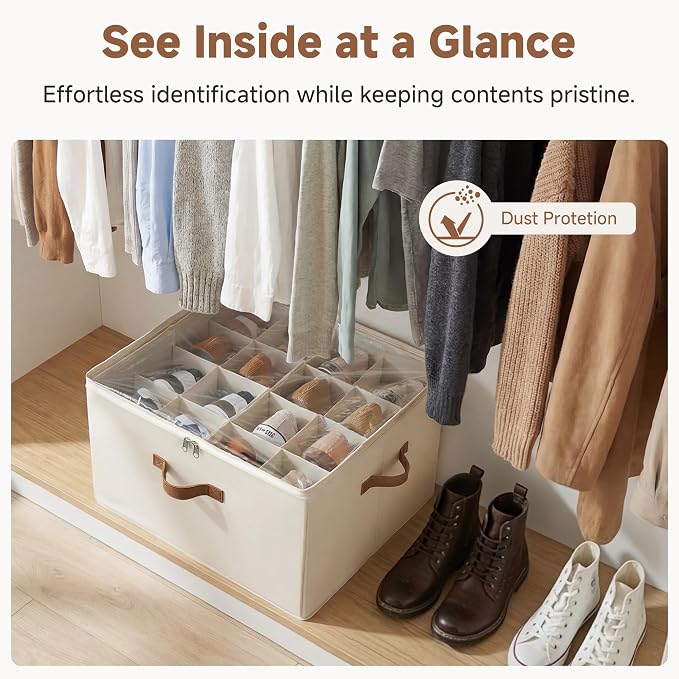 StorageWorks 16-Pair Shoe Organizer for Closet, Adjustable Dividers, Beige | Holds up to 16 Pairs, Foldable, Clear Lid, Reinforced Handles, Fits Sneakers, Boots & Heels, For Closet, Entryway & Bedroom