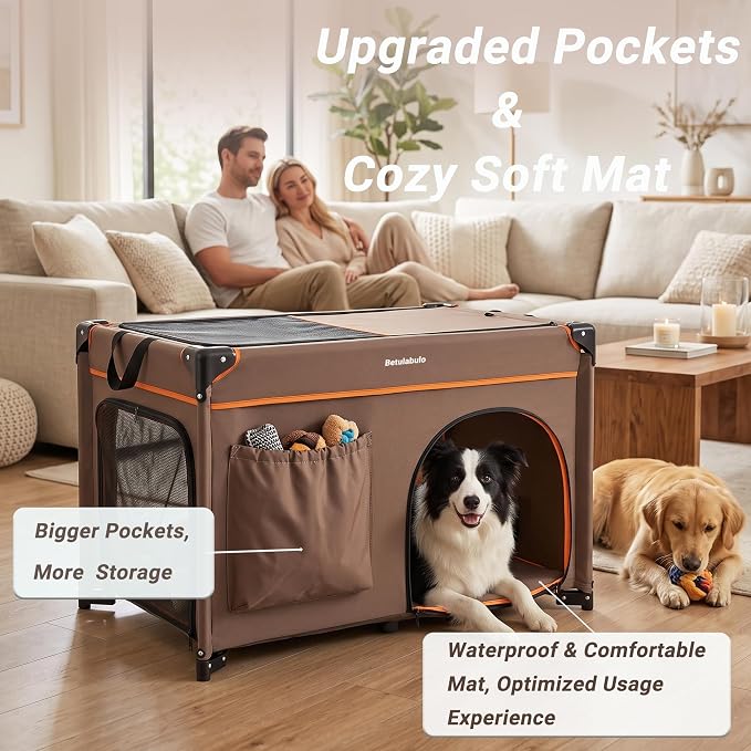 36 Inch Collapsible Travel Dog Crate, 4 Doors & Soft Pet Mat | Portable Dog Travel Crate for Medium Dogs,Large Storage Bag & Breathable Mesh,Soft Sided Dog Crate for Indoor & Outdoor Khaki
