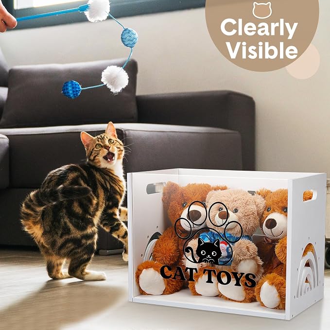 Beeveer Large Cat Toy Basket Cat Toy Box Wooden Storage Bin with Acrylic Board Storage Box for Puppy Toys Pet Food and Accessories Organizer Holder Basket for Living Room Area(White, Cat)