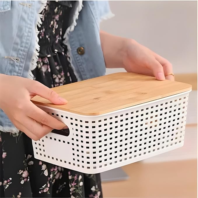 Plastic Storage Bins with Bamboo Lids, 6 Pack Stackable Kitchen Organizer Containers with Natural Bamboo Lids, Rectangular, Coffee Tea Snacks Grains Pasta Labels (Kitchen Pantry Set)
