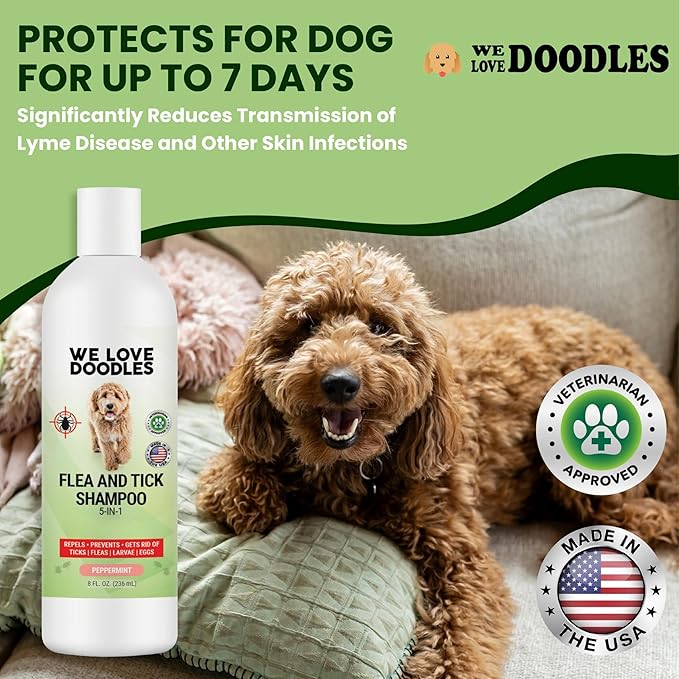 We Love Doodles Flea Shampoo for Dogs - Stops Fleas & Ticks for Dogs, Natural, Safe & Effective Lice Treatment, Soothing Shampoo for Sensitive Skin, Manufactured in USA (8 fl oz)