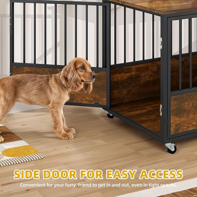 DWVO 43 Inch Dog Crate Furniture with Wheels & Double-Doors | Dog Kennel Indoor Furniture End Table, Farmhouse Decorative Wooden Dog Cage Table, Chew-Resistant, Rustic Brown