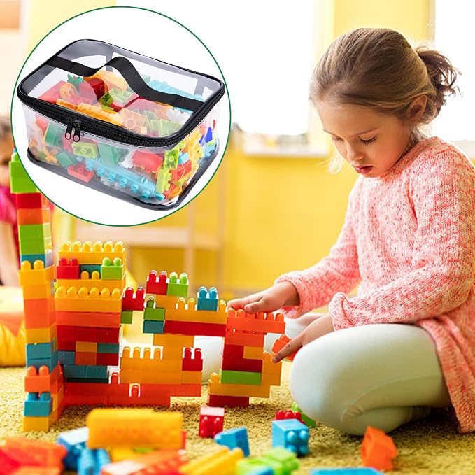 4 Packs Clear Toy Storage Bag, Waterproof PVC Toy Organized Bag with Zipper | 9"x 7"x 4" Transparent Toy Storage Organizer Pouch for Building Blocks Small Toys (Black)