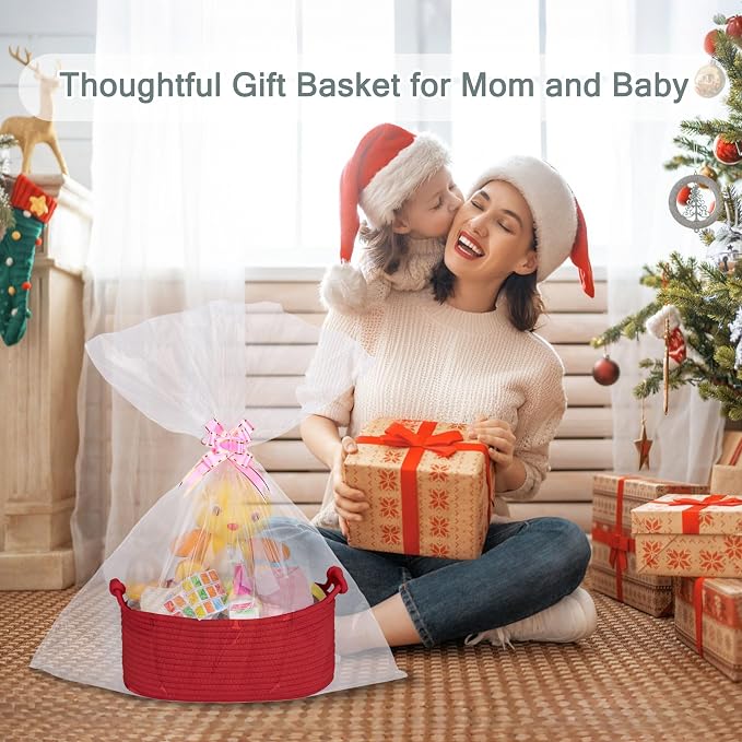 COMSE Small Gift Basket Empty with Bag & Ribbons, Solid Red | Cotton Rope, 12"x 8"x 5", Pet Toy Storage Organizer, Woven Basket for Birthdays, Baby Showers, Mother’s Day, Valentine’s Day
