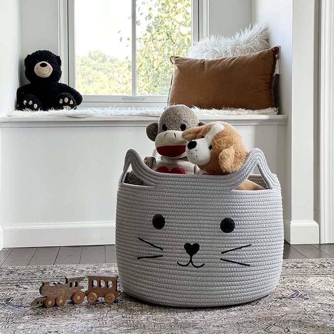 Large Woven Rope Cat Toy Basket with Cat Face Design, Grey | 15.7" x 11.8" Toy Bin & Box for Living Room Nursery, Baby Storage Basket for Towels, Blankets, with Sturdy Handles