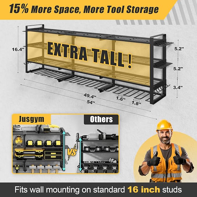 49''W Power Tool Organizer Wall Mount, 650LBS, 4 Tier, 12 Drill Holders | 3-Tube Reinforced Design, Holds 50+ Tools, Cordless Tool Organizer, Rust Resistant, Quick Assembly, Garage Gift for Men