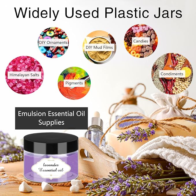 PeacePeo Plastic Jars with Lids 4 OZ, 72 Pack Clear Slime Containers | Empty Refillable, Black Screw on Lids, Organize Small Items, Samples, Lotions & Beauty Products, Keep Home Kitchen Neat