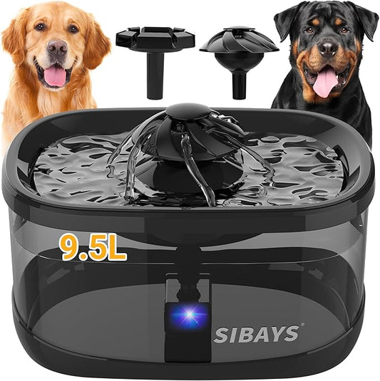 SIBAYS 9.5L/2.5Gal Dog Water Fountain, 3 Flow Modes Automatic Pet Water Fountain with LED Light & Water Shortage Reminder, Ultra Quiet Dog Water Bowl Dispenser for Large Dogs & Multi-Pet (FS82, Black)
