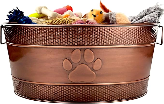 BREKX Copper Metal Dog Toy Storage Bin, Indestructible, Large | Toy Box, Blanket & Leash Organization • Handles