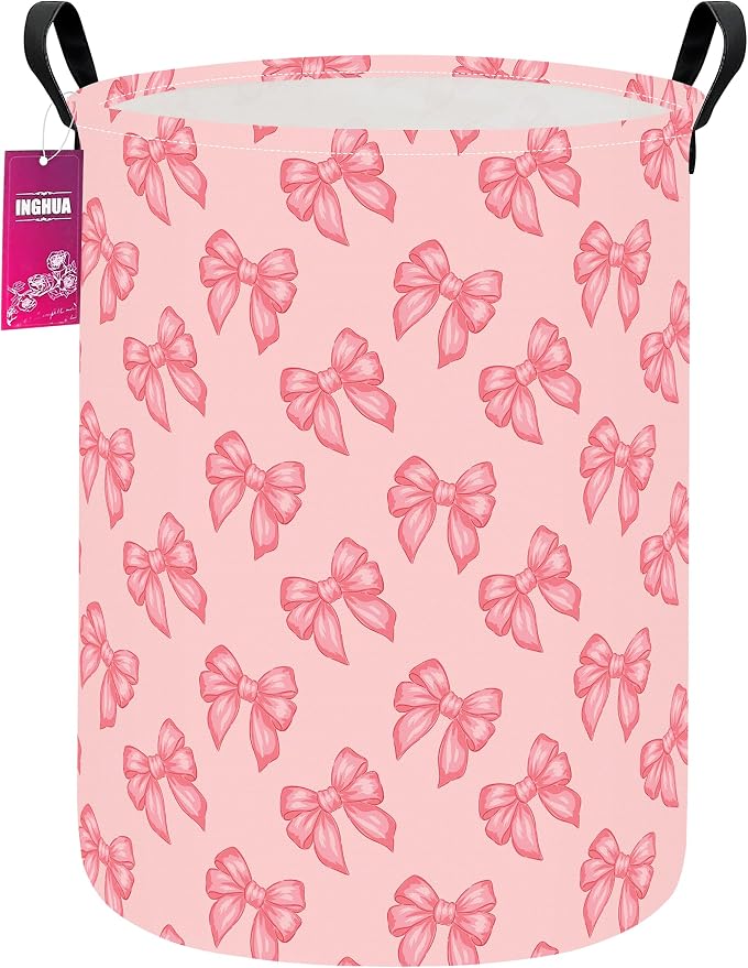 Laundry Hamper Large Canvas Fabric Storage Basket Pink bowknots | Organizer Bin Dirty Clothes Collapsible Waterproof for College Dorms, Boys and Girls Bedroom,Bathroom