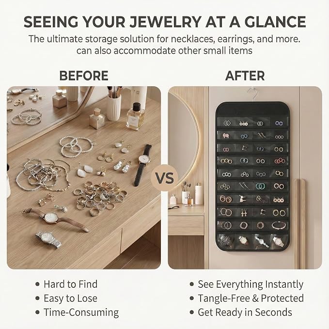 Hanging Jewelry Organizer with 80 Clear Pockets | Double Sided Jewelry Storage Organizer for Necklaces, Earrings and Accessories with Closet Hanging Design