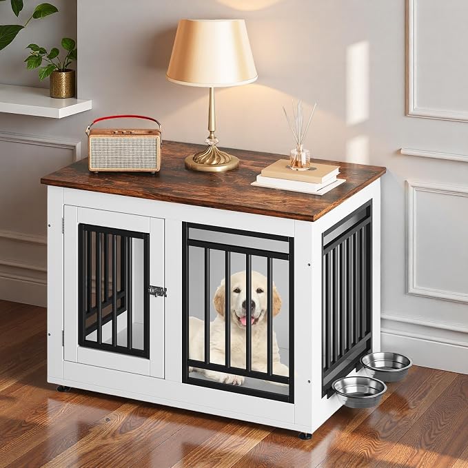 DWVO 28 Inch Dog Crate Furniture with Adjustable Feet & Removable Bowls | Dog Kennel Indoor Furniture End Table for Dogs, Modern Decorative Wooden Cage, Chew-Resistant, White