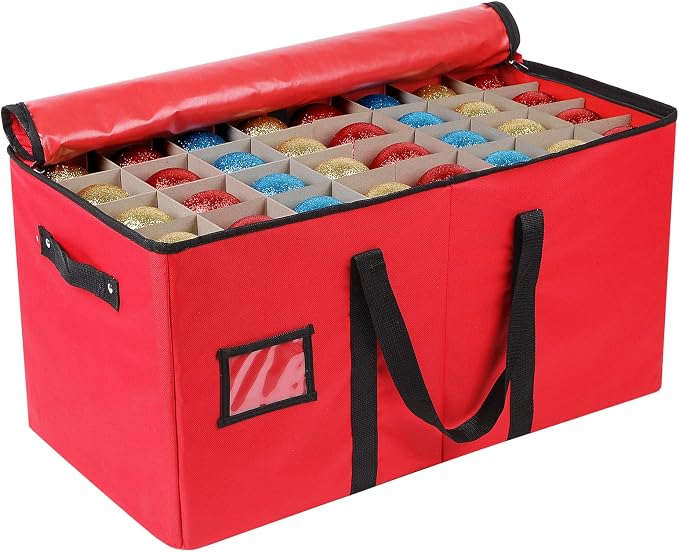 Lambada Christmas Ornament Storage Box, Durable Christmas Storage Container with Adjustable Dividers, Xmas Decorations Organizer – Fits 128 Holiday Ornaments 3 inch – Tear-Proof Fabric (Red)