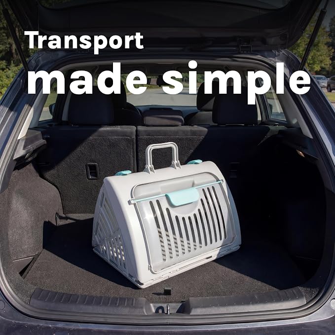 SportPet Large Hard-Sided Travel Cat Carrier - Cat Carrier with Patented Wide Side-Opening Door, Foldable Portable Pet Carrier with Removable Bed for Cats & Small Pets up to 25lbs - Gray