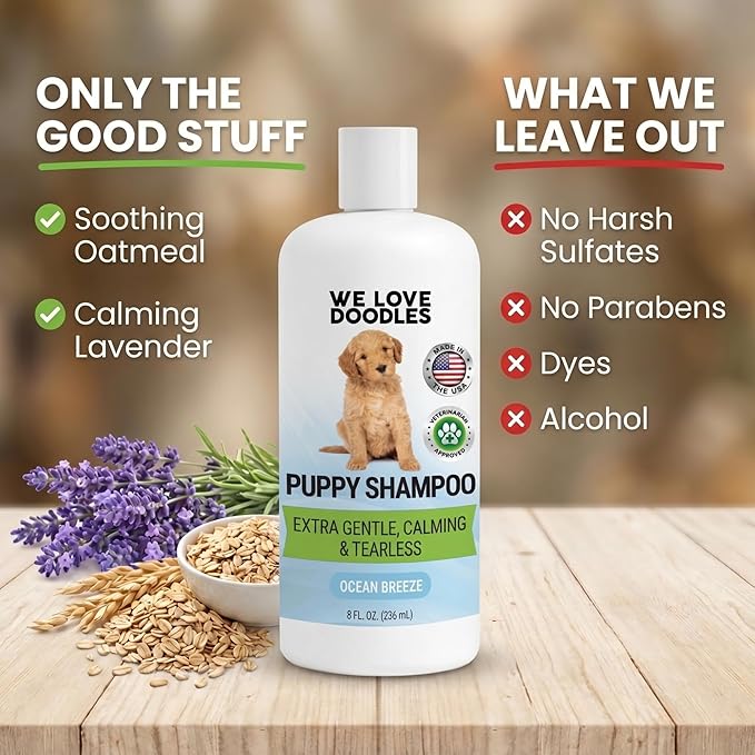 Puppy Shampoo & Conditioner | Made in USA | Tear Free | Best Shampoo for Puppies | Sensitive & Itchy Skin Wash | Oatmeal Bathing | Tearless, Ocean Breeze, 8oz [We Love Doodles]