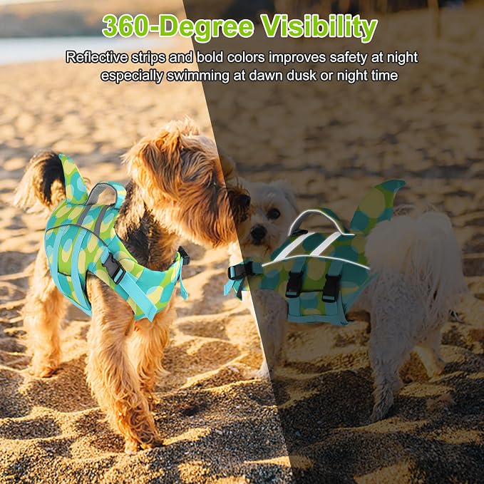 Dogcheer Shark Dog Life Jacket, Dog Life Vest for Swimming - Multi Green,S | Adjustable Pet Harness Lifejackets, High Flotation Doggie Swimsuit with Rescue Handle for Small Medium Large Dogs