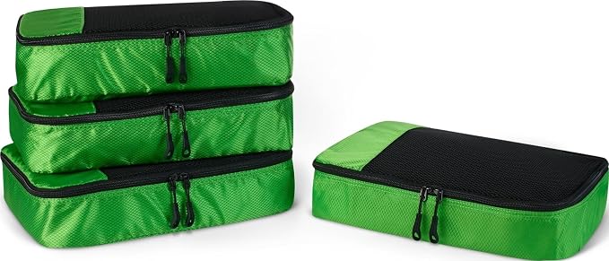 Amazon Essentials 4-Piece Packing Cubes Travel Accessories Set, Luggage Organizer, Suitcase Organizer with Double Zipper, Mesh Top, Space-Saving, Polyester, Green (Previously Amazon Basics)