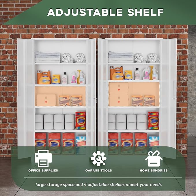 Greenvelly Metal Storage Cabinet, 72" Locking Metal Garage Storage Cabinet with Doors and 4 Adjustable Shelves, White Lockable Steel Cabinet for Home Office, Garage, Shop, School (32" W x 16" D)