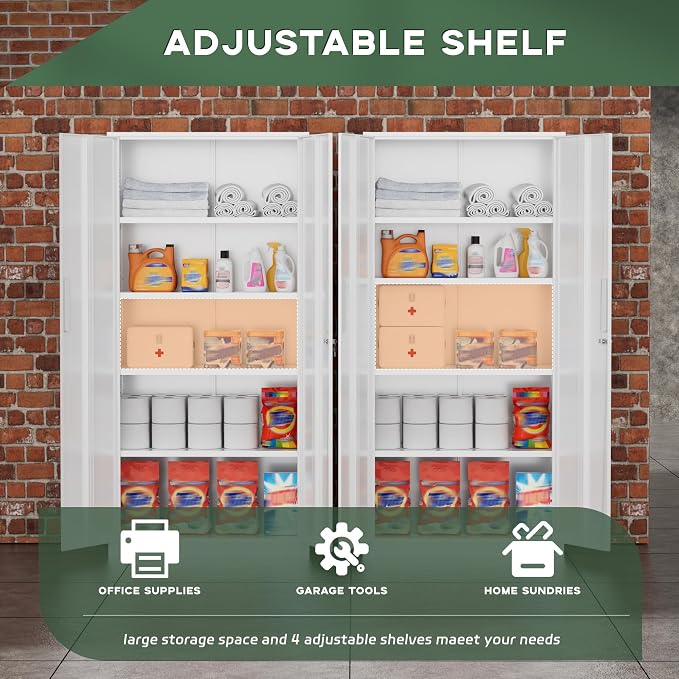 Greenvelly White Metal Storage Cabinet for Garage, 72” Steel Locking Cabinet with Doors and 4 Shelves, Tall Tool Cabinets for Garage Storage Systems Lockable File Cabinet for Home Office, Classroom