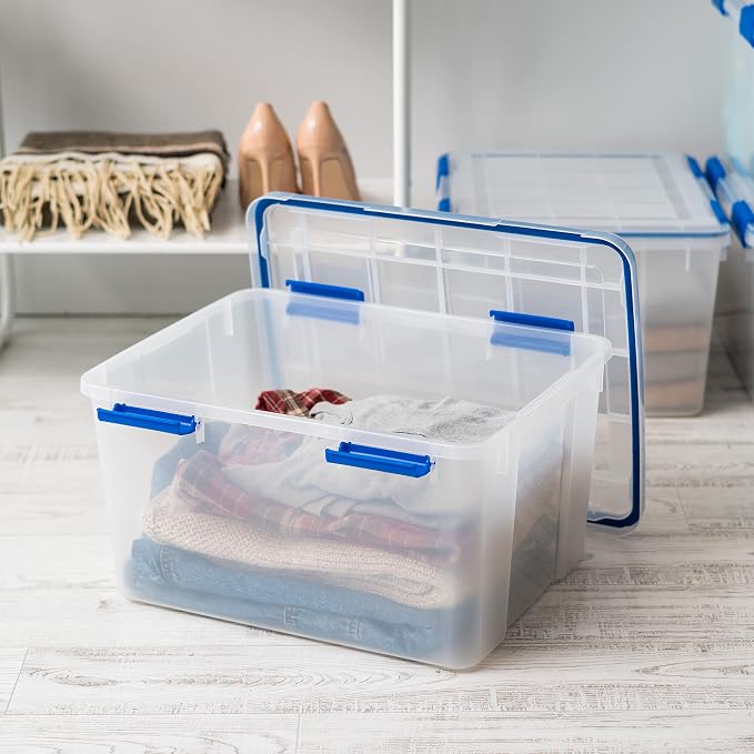 IRIS USA 2-Pack 44 Qt Storage Bins with Gasket Lids, Clear/Blue | WeatherPro seal helps protect bulky items for moving, garage, attic and basement storage