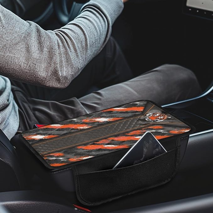 Howilath Center Console Armrest Cover, Soft Cushion with Pockets | Tiger Print Stretch-on Elastic Band, No Tools, Protects From Spills and Scratches, Fits Sedan/Truck