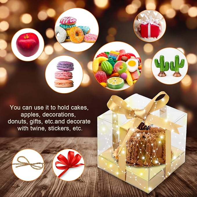 12 PCS Clear Cupcake Boxes 3.5 Inch Cupcake Containers (Gold) | Disposable Cupcake Carrier Plastic Individual Cupcake Storage Holder with Ribbons and Inserts for Wedding, Birthday Party