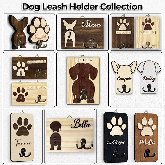 Dachshund Dog Leash Holder Wall Mount with Scrabble Letters, Wooden Dog Wall Hook Organizer, Pet Collar and Harness Holder for Entryway, Key Hook and Leash Rack, Pet Lovers Gift Home Decor PF297-30