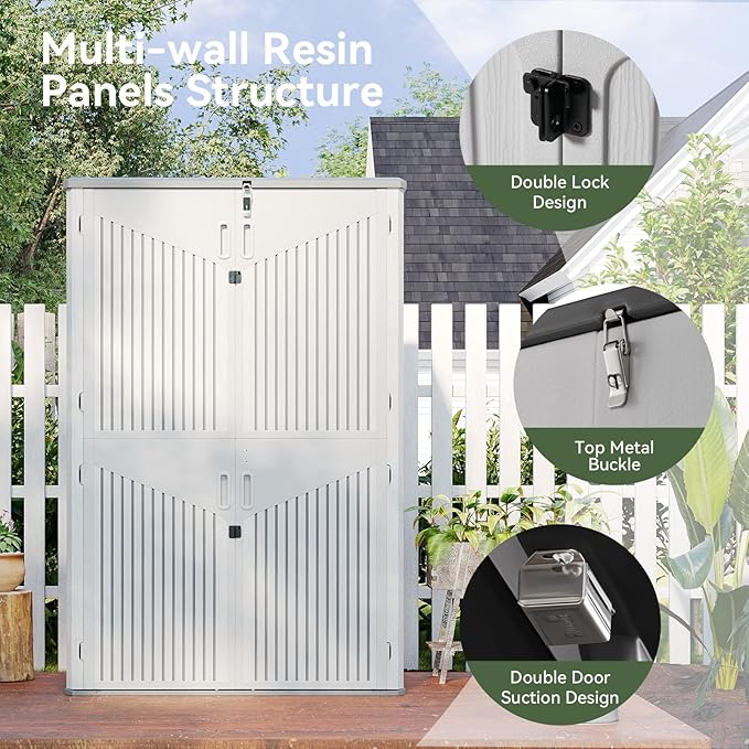 Aoxun Outdoor Storage Shed, 64 Cu.Ft Vertical Resin Sheds, White | Storage Sheds with Floor, Outdoor Waterproof Storage Cabinet for Garage Storage, Pool Storage, Bike Shed, Garden Shed