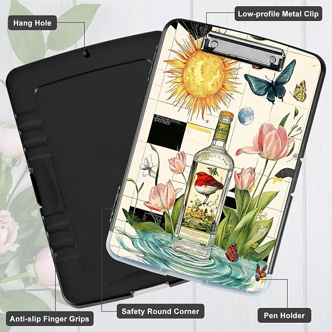 A4 Clipboard with Storage Pen Holder, Clipboards Organizer Nursing Clipboard Foldable File Folder Plastic Clipboard Folio Clip Board for Office Work Classroom Doctor, Sun Drift Bottle