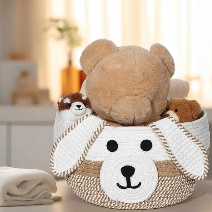 Zopeal Woven Dog Basket with Handle Toy Storage, Khaki, White, 13 x 8 Inch | Pet Gift Basket, Toys Storage Organizer, Cotton Rope Rectangular Bin, Keeps Puppy Items Organized, Sturdy Handles