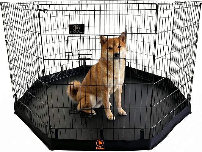 PJYuCien Puppy Playpen with Bottom Pad and Door, 8 Panels 36" H, Black | 24"W, Dual-function Pad, For Medium Pets, Foldable Octagonal Pen, Versatile, Indoor & Outdoor, Backyard, Protects Floors