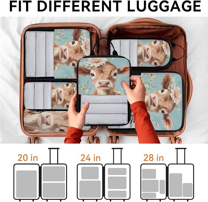 Cow 6 Set Compression Packing Cubes Bull Expandable Packing Organizer for Travel Accessories Luggage Suitcase Bag